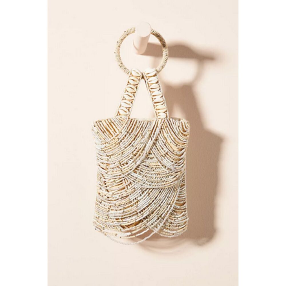 Anthropologie Alia Bead Embellished Wristlet Ring Handle Ivory Beige Bag (NWT)
